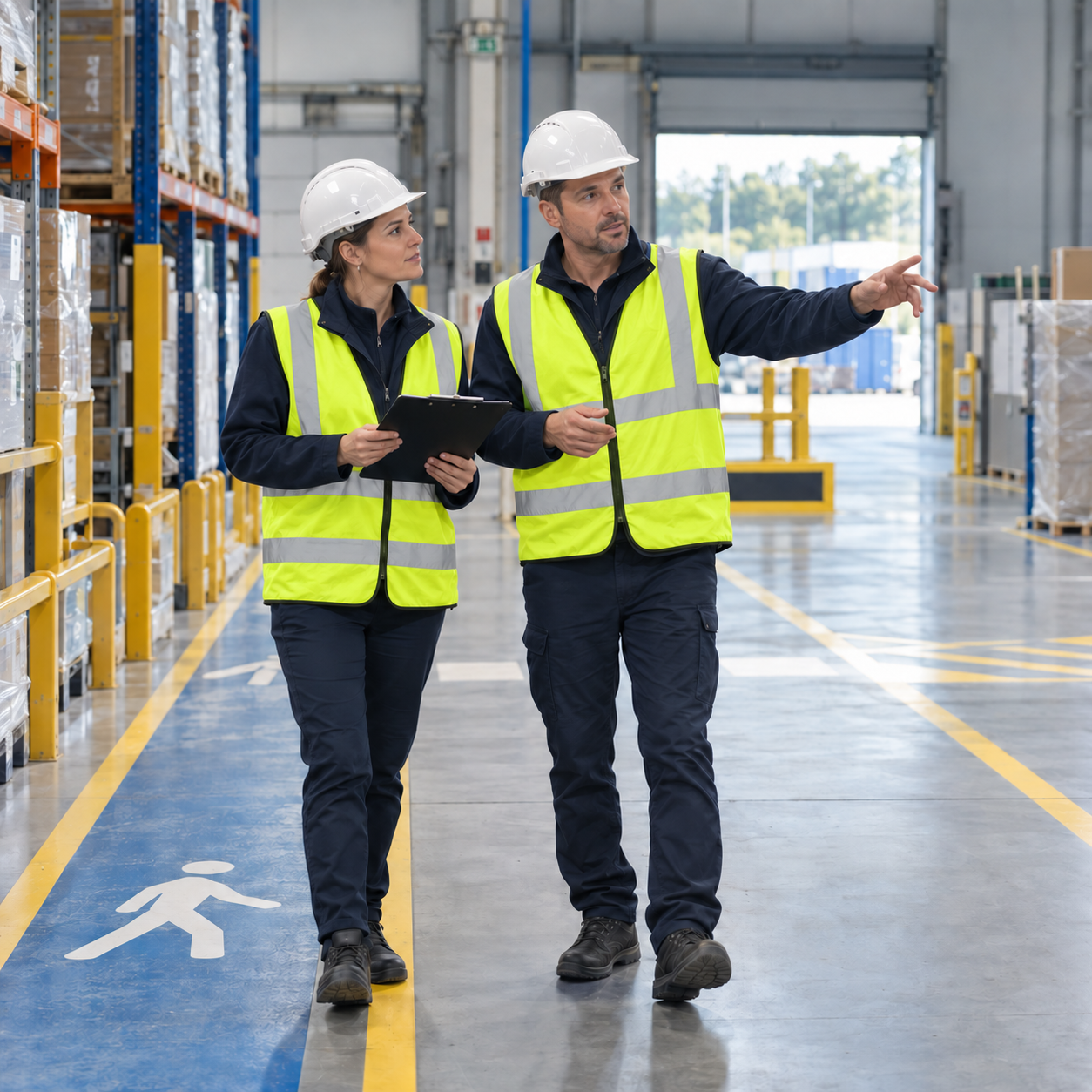 Illustration générée : visite de prévention en entrepôt, avec gilets jaunes haute visibilité